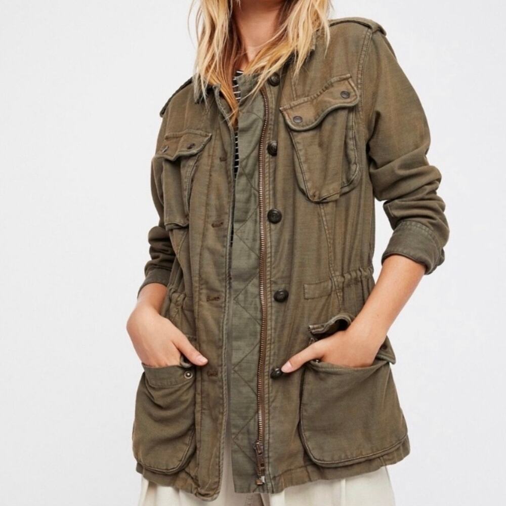 Free People Utility Military Jacket Olive Green 100% Cotton S Oversized Cargo